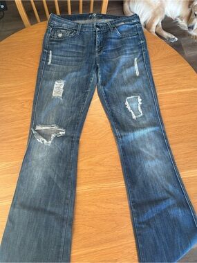 7 For All Mankind Dark Blue Distressed Flare Jeans